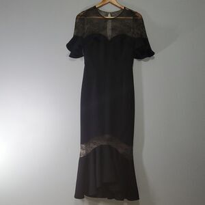 Marchesa Notte dress women's 0 black tan maxi sheer Gypsy Witchy Lace feminine